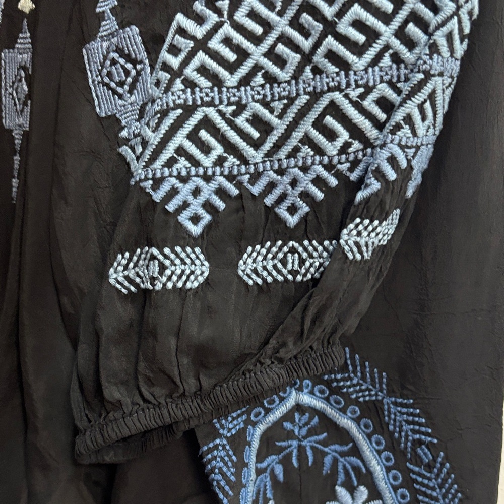 Johnny Was Black lightweight Blouse with Multicolor Embroidery XL tie at neck - Picture 14 of 15